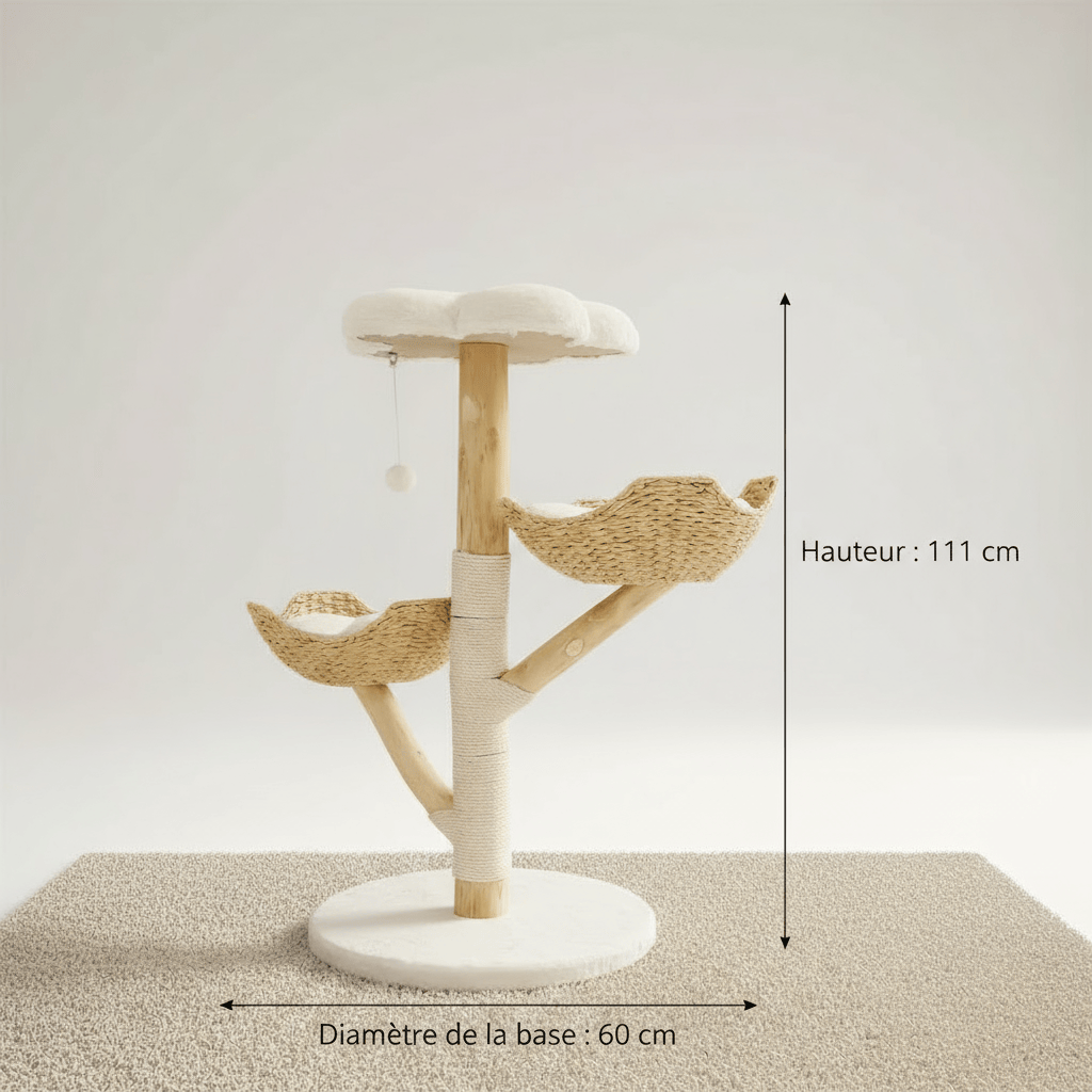 theMiaou Blanc Arbre à Chat “Arboréa” – Grand Arbre à Chat Design en Bois avec Paniers en Rotin