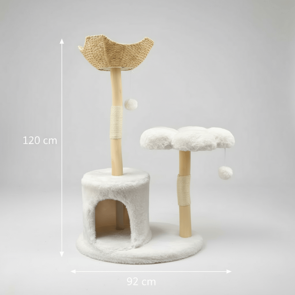theMiaou Blanc Arbre à Chat “Cloudy” – Grand Arbre à Chat Design en Bois avec Niche et Plateforme Nuage