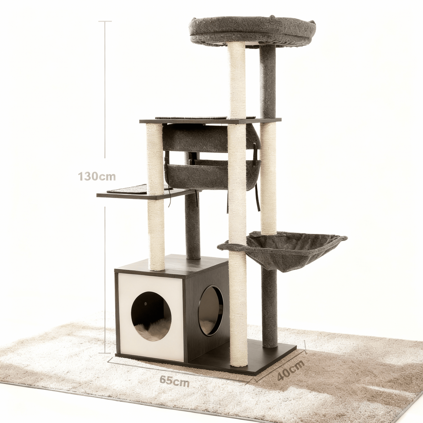 theMiaou Noir Arbre à Chat “Néo” – Grand Arbre à Chat Design en Bois avec Niche et Panier Suspendu