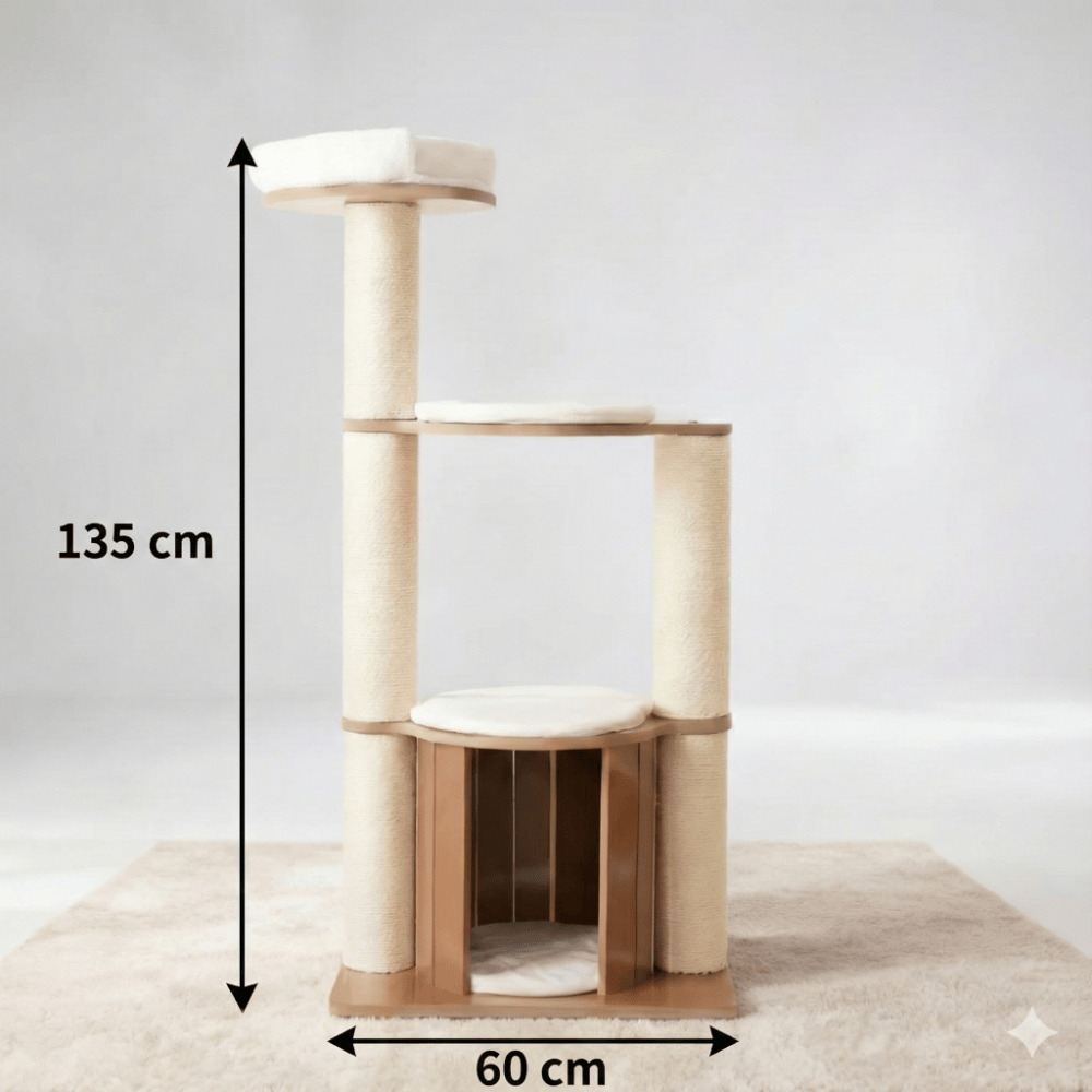 theMiaou Bois Arbre à Chat “Nordik” – Grand Arbre à Chat en Bois avec Niche et Coussins Doux