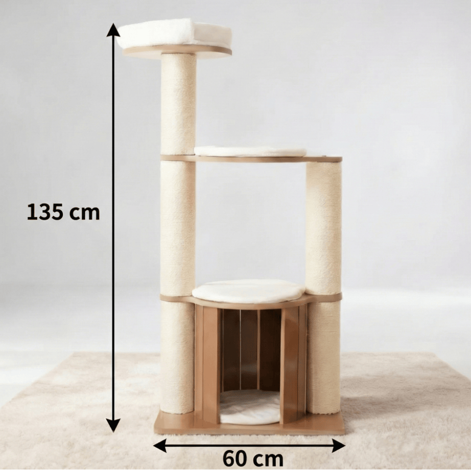 theMiaou Bois Arbre à Chat “Nordik” – Grand Arbre à Chat en Bois avec Niche et Coussins Doux