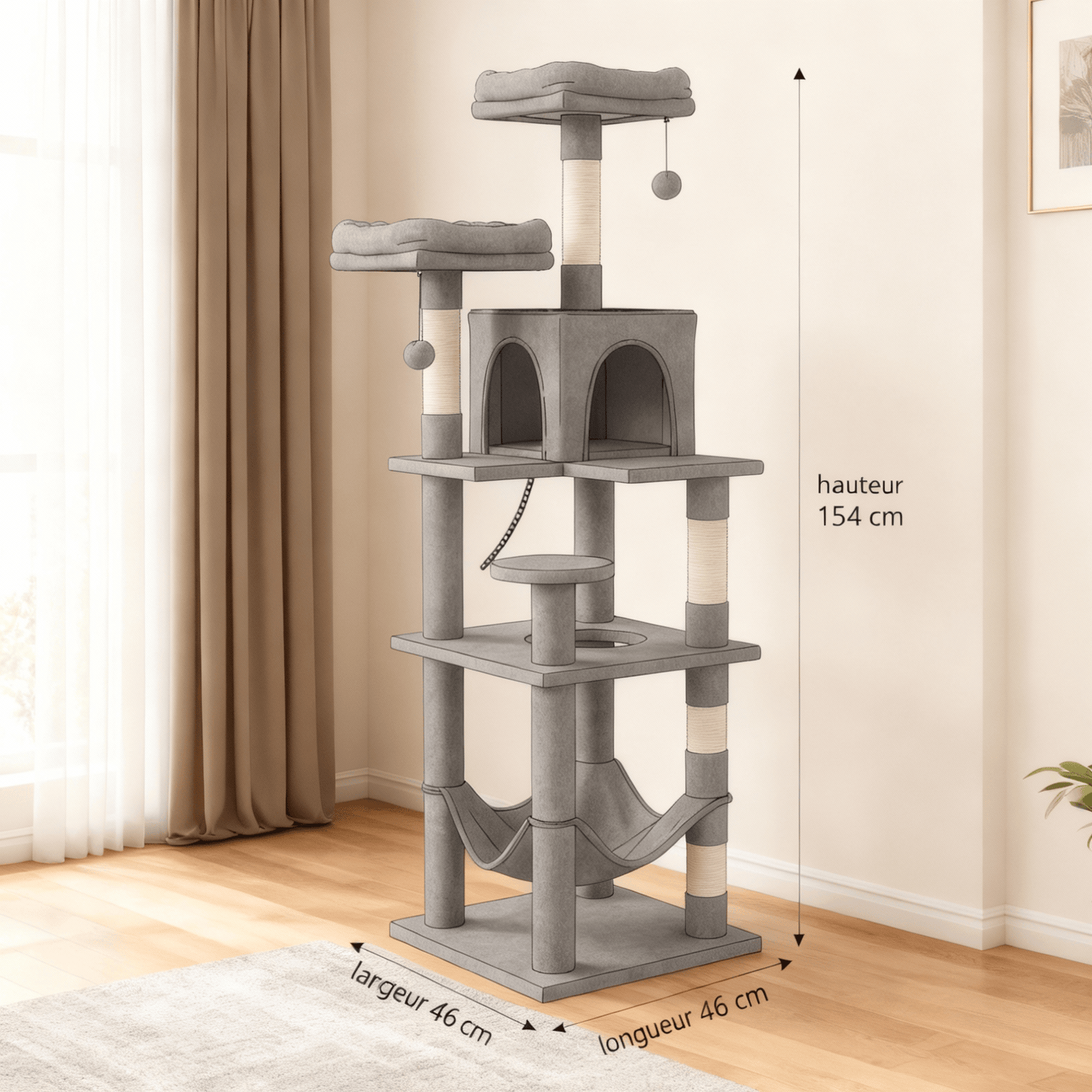 theMiaou Gris Arbre à Chat “Empire” – Arbre à Chat XXL avec Niche, Hamac et Paniers Moelleux