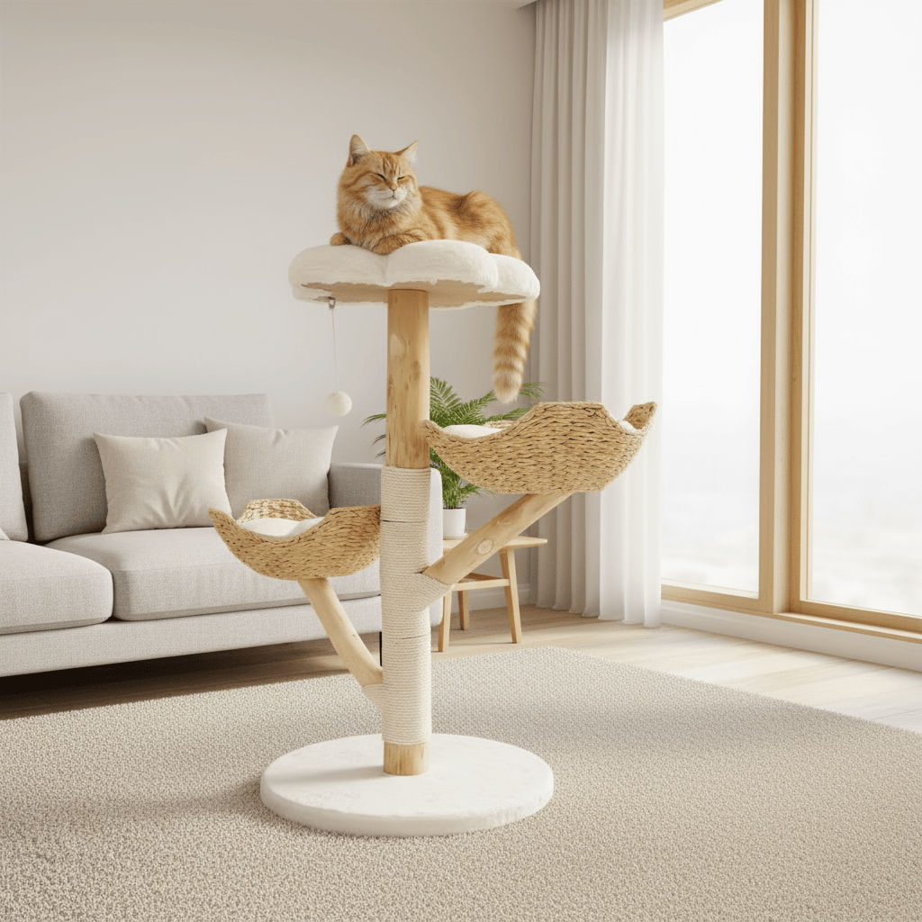 theMiaou Blanc Arbre à Chat “Arboréa” – Grand Arbre à Chat Design en Bois avec Paniers en Rotin