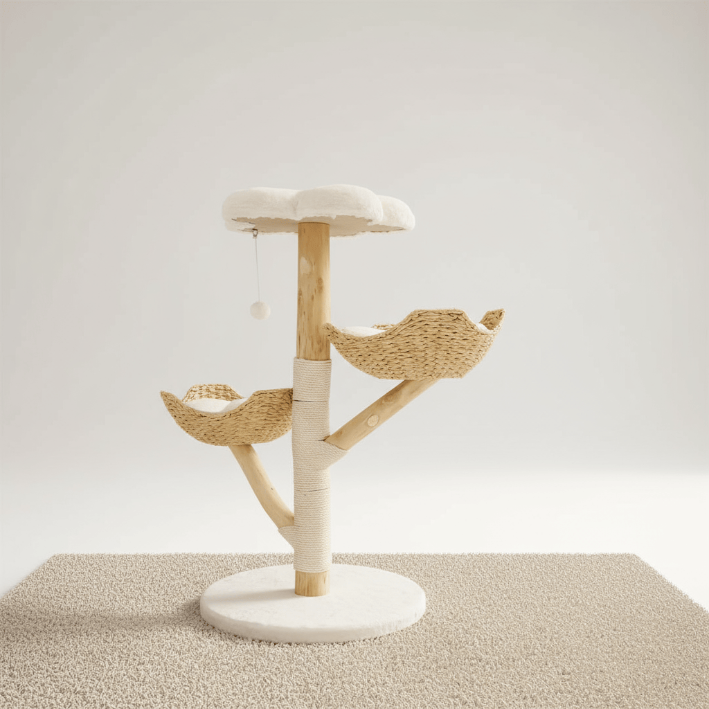 theMiaou Blanc Arbre à Chat “Arboréa” – Grand Arbre à Chat Design en Bois avec Paniers en Rotin