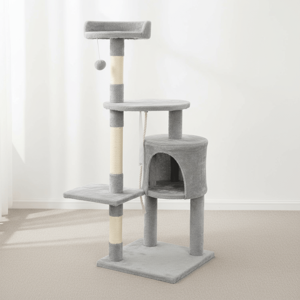 theMiaou Gris Arbre à Chat “Luna” – Grand Arbre à Chat avec Niche, Plateformes et Griffoirs