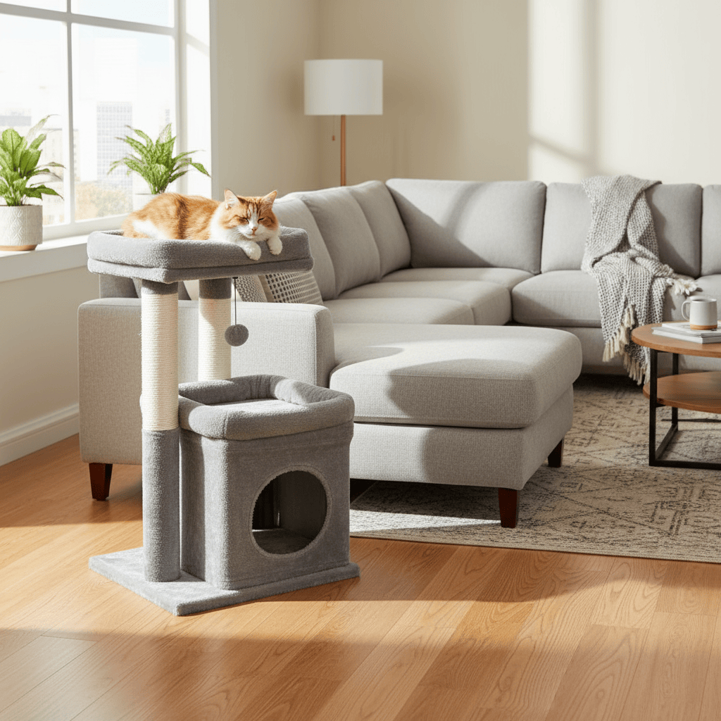 theMiaou Arbre à Chat “Cosy Duo” – Petit Arbre à Chat Doux avec Niche et Griffoirs