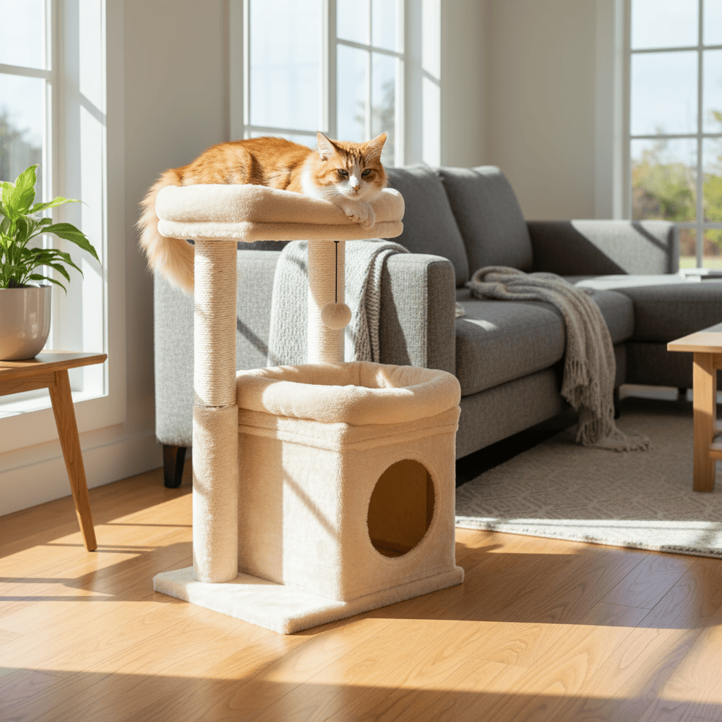 theMiaou Arbre à Chat “Cosy Duo” – Petit Arbre à Chat Doux avec Niche et Griffoirs