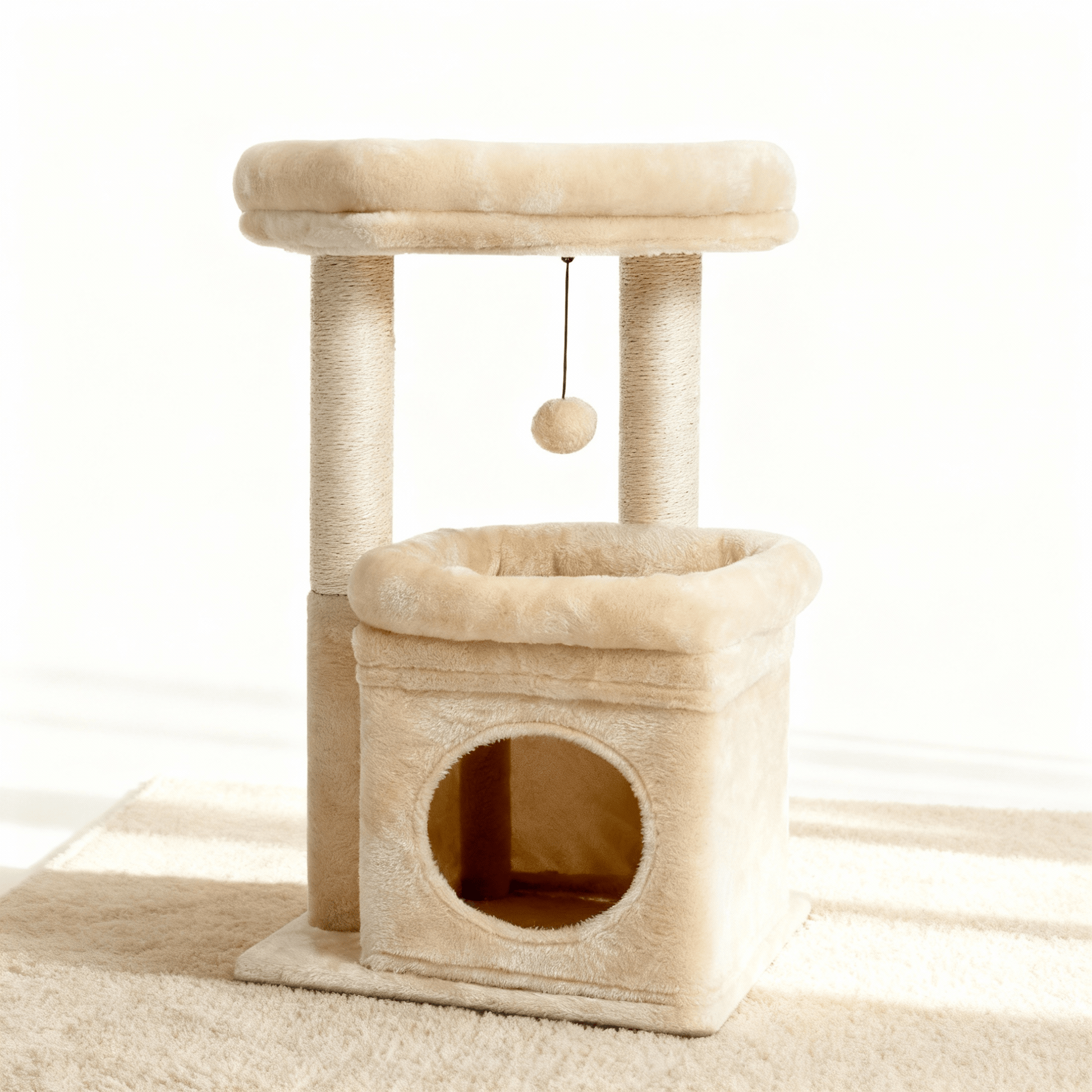 theMiaou Beige Arbre à Chat “Cosy Duo” – Petit Arbre à Chat Doux avec Niche et Griffoirs
