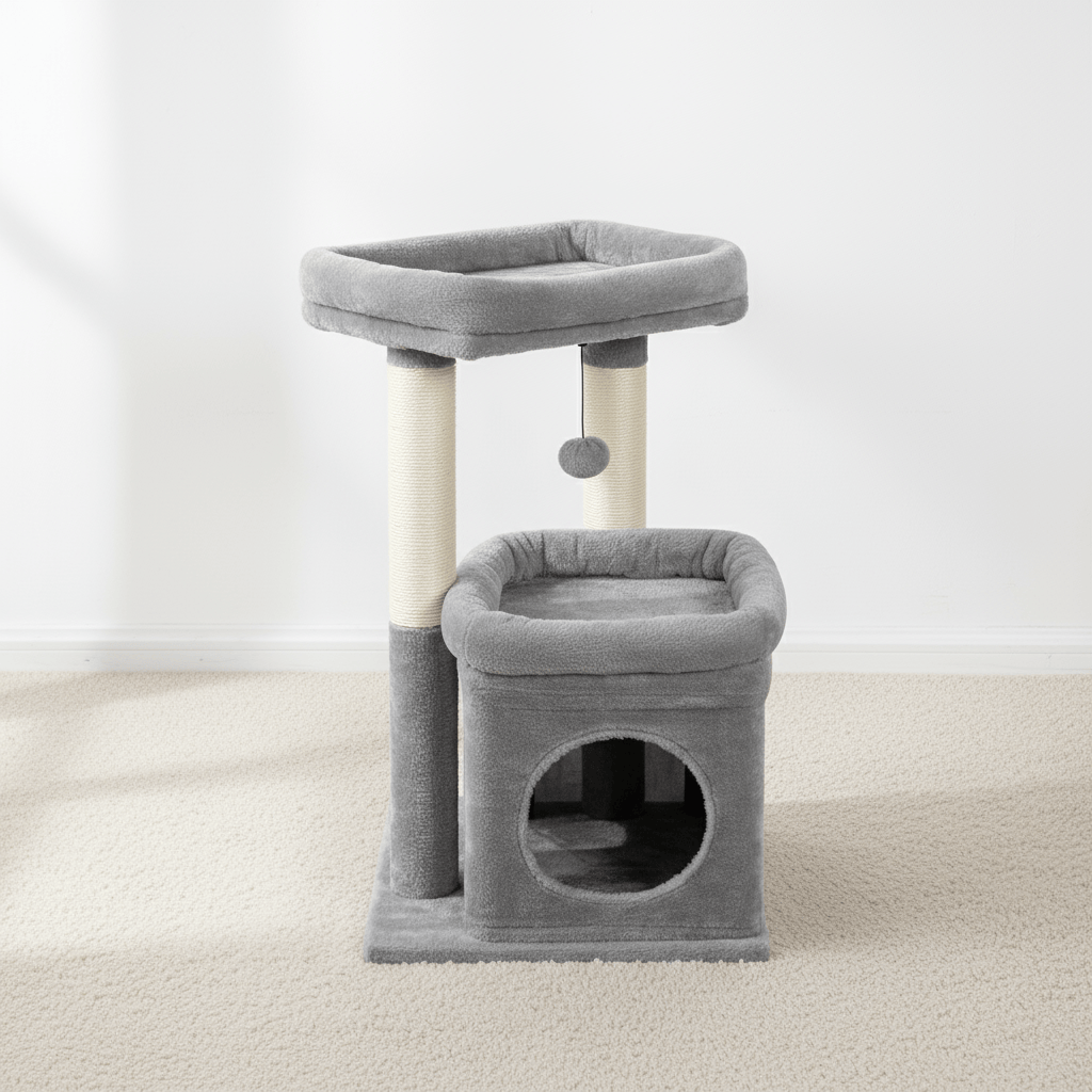 theMiaou Gris Arbre à Chat “Cosy Duo” – Petit Arbre à Chat Doux avec Niche et Griffoirs