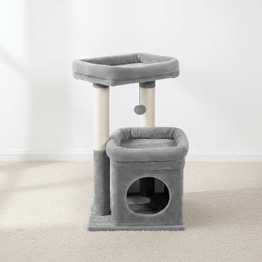 theMiaou Gris Arbre à Chat “Cosy Duo” – Petit Arbre à Chat Doux avec Niche et Griffoirs
