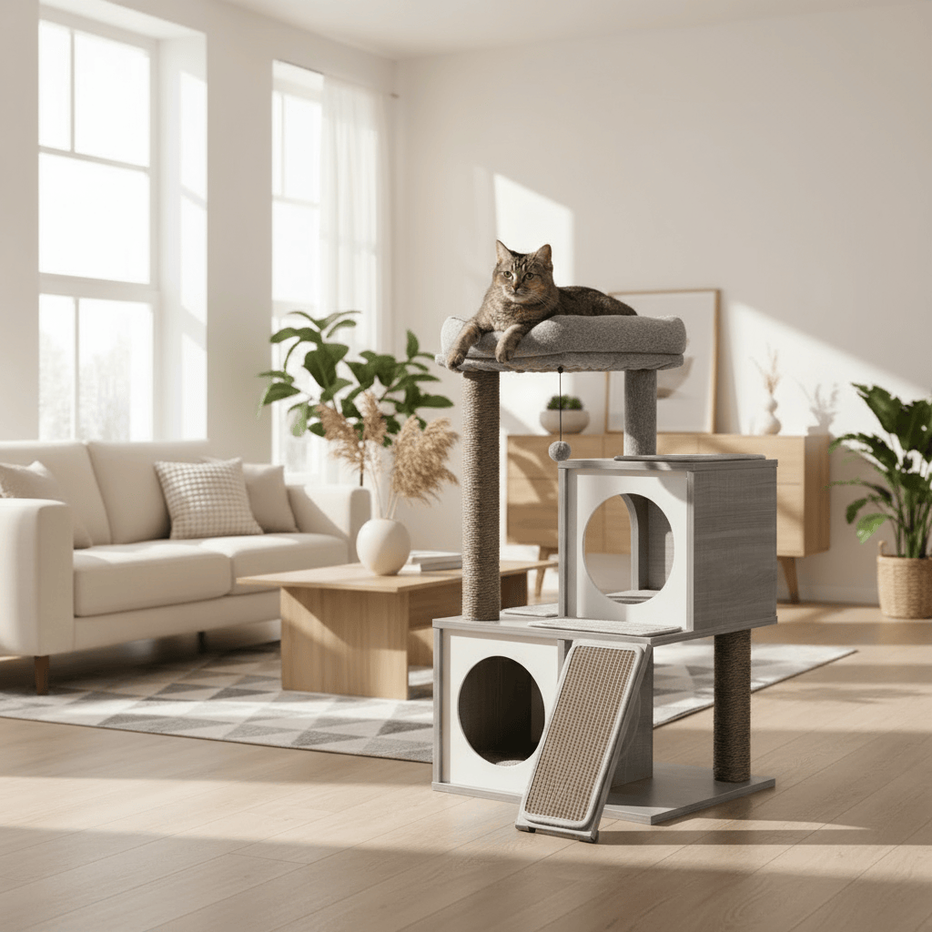 theMiaou Gris Arbre à Chat “Cubby” – Petit Arbre à Chat en Bois Moderne à 3 Niveaux