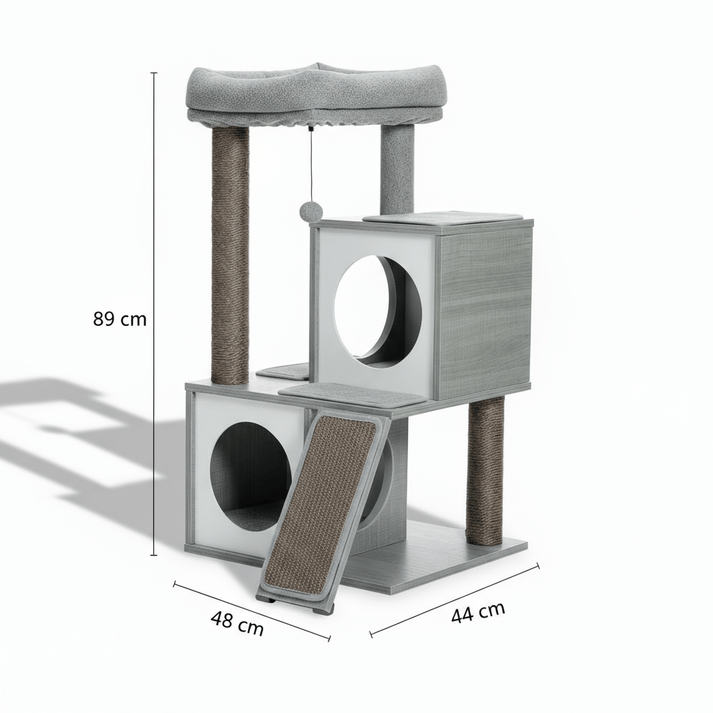theMiaou Gris Arbre à Chat “Cubby” – Petit Arbre à Chat en Bois Moderne à 3 Niveaux