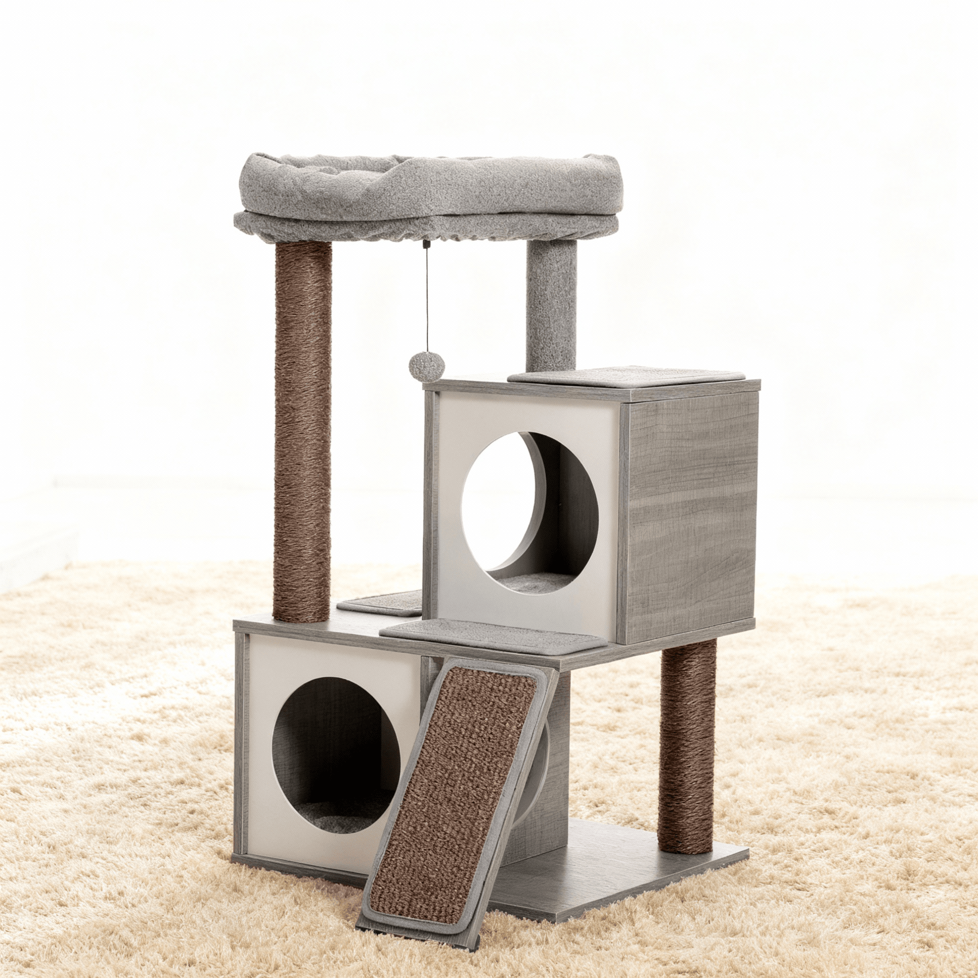 theMiaou Gris Arbre à Chat “Cubby” – Petit Arbre à Chat en Bois Moderne à 3 Niveaux