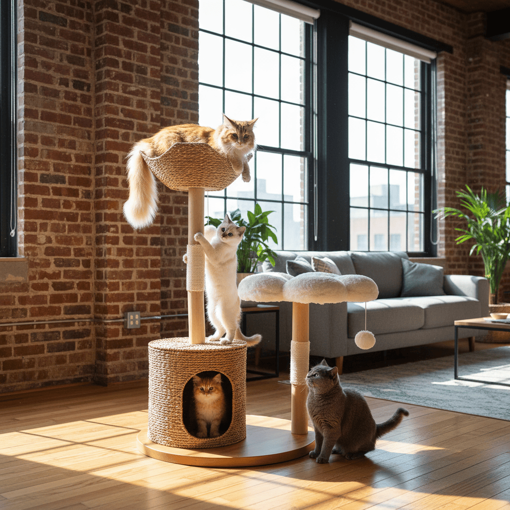 theMiaou Blanc Arbre à Chat “Cloudy” – Grand Arbre à Chat Design en Bois avec Niche et Plateforme Nuage