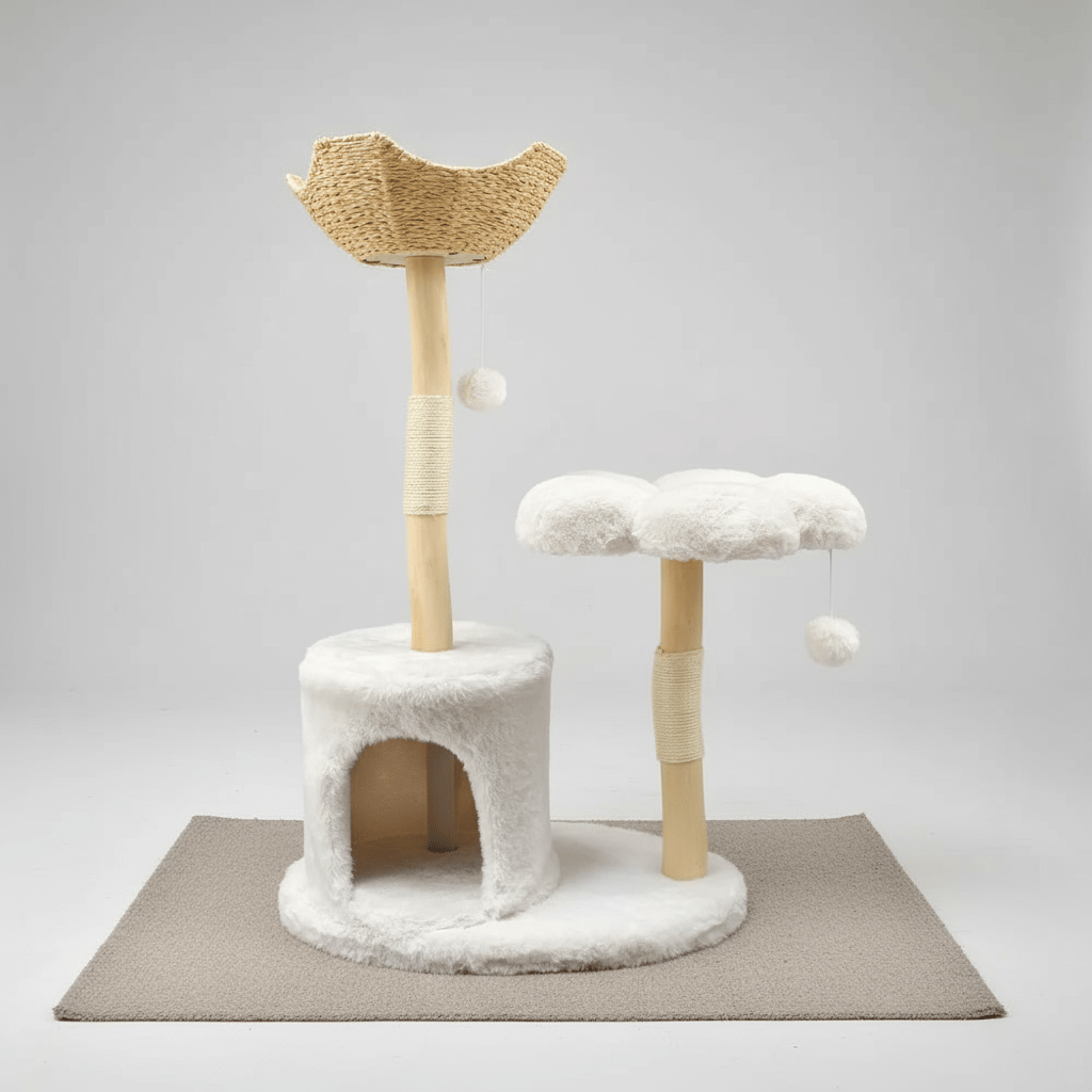 theMiaou Blanc Arbre à Chat “Cloudy” – Grand Arbre à Chat Design en Bois avec Niche et Plateforme Nuage