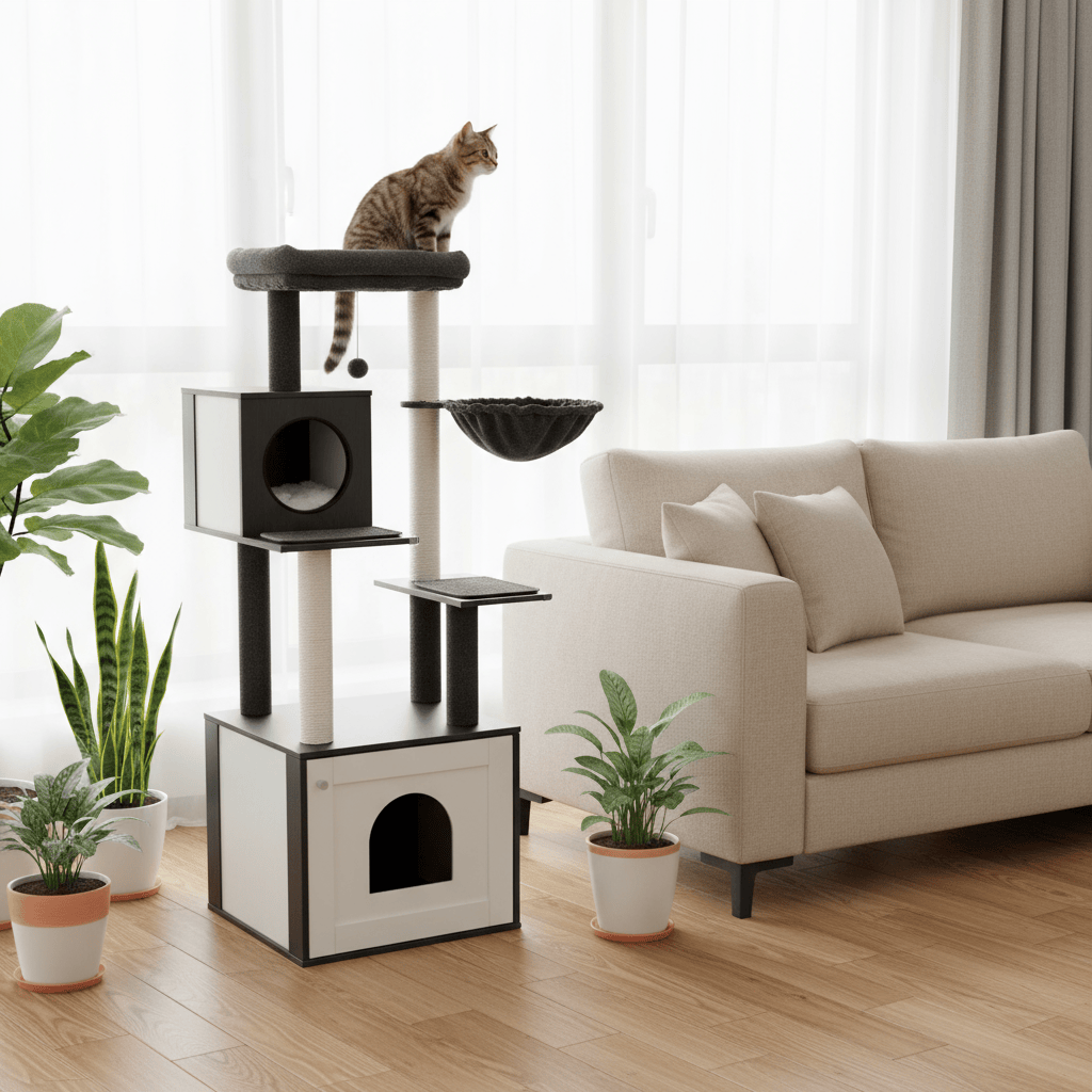 theMiaou Arbre à Chat “Oslo” – Grand Arbre à Chat en Bois Naturel avec Panier Suspendu