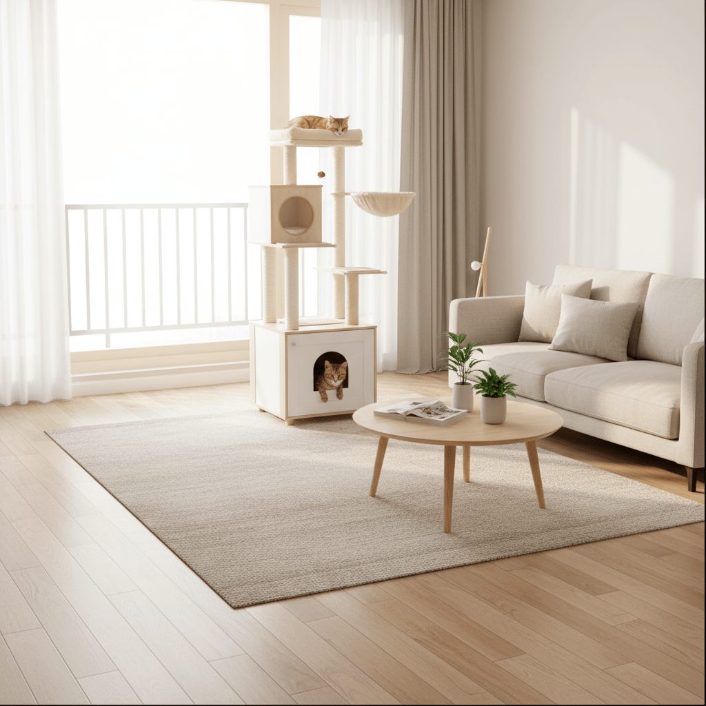 theMiaou Arbre à Chat “Oslo” – Grand Arbre à Chat en Bois Naturel avec Panier Suspendu