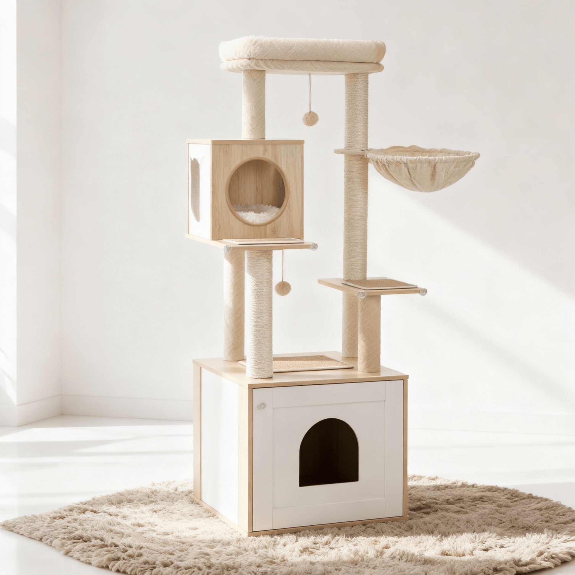 theMiaou Beige Arbre à Chat “Oslo” – Grand Arbre à Chat en Bois Naturel avec Panier Suspendu
