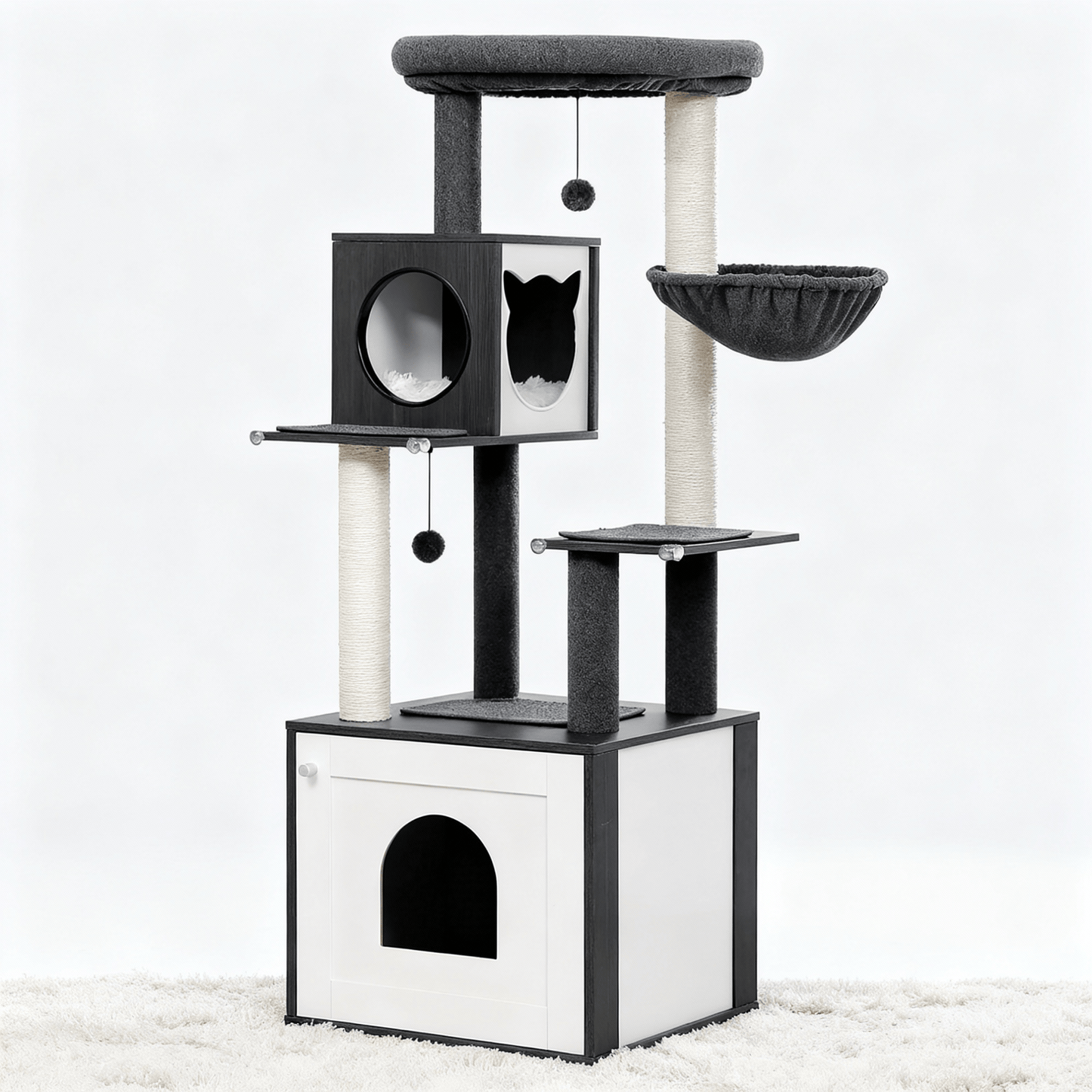 theMiaou Noir Arbre à Chat “Oslo” – Grand Arbre à Chat en Bois Naturel avec Panier Suspendu