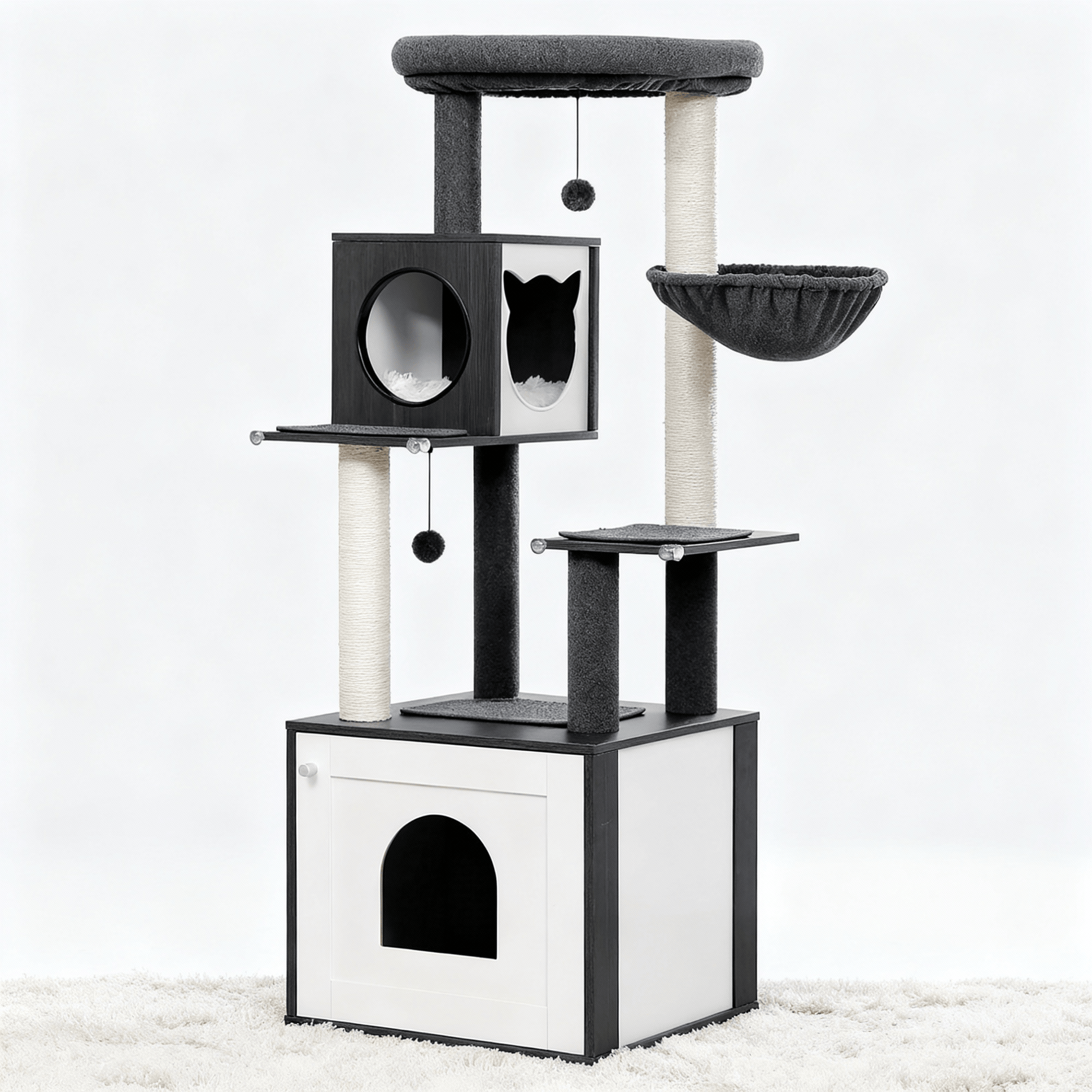 theMiaou Noir Arbre à Chat “Oslo” – Grand Arbre à Chat en Bois Naturel avec Panier Suspendu