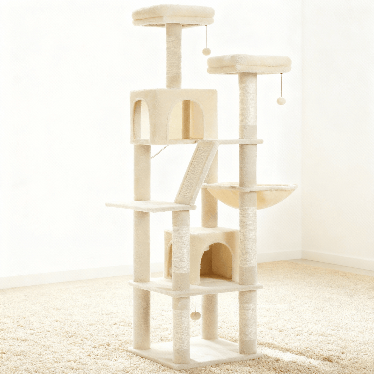 theMiaou Beige Arbre à Chat “Everest” – Arbre à Chat XXL Multi-Niveaux avec Hamac et Paniers Douillets