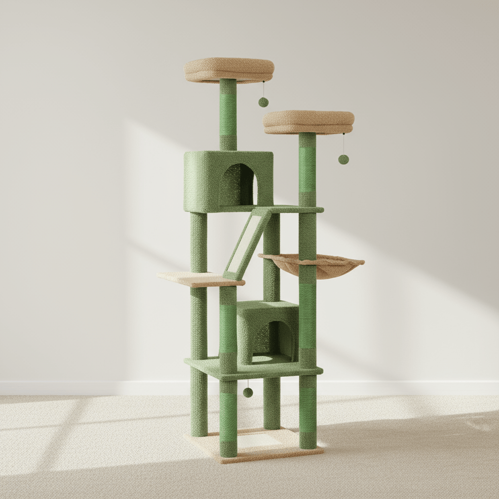 theMiaou Vert cactus Arbre à Chat “Everest” – Arbre à Chat XXL Multi-Niveaux avec Hamac et Paniers Douillets