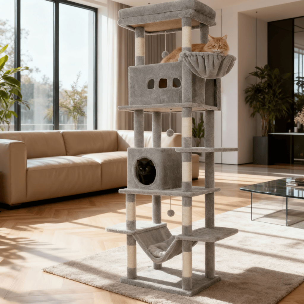 theMiaou Arbre à Chat “Olympus” – Arbre à Chat XXL avec Hamac, Niche et Panier Suspendu