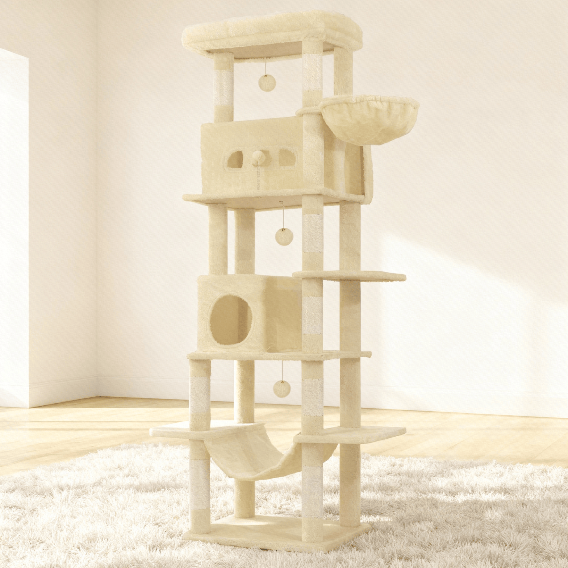 theMiaou Beige Arbre à Chat “Olympus” – Arbre à Chat XXL avec Hamac, Niche et Panier Suspendu