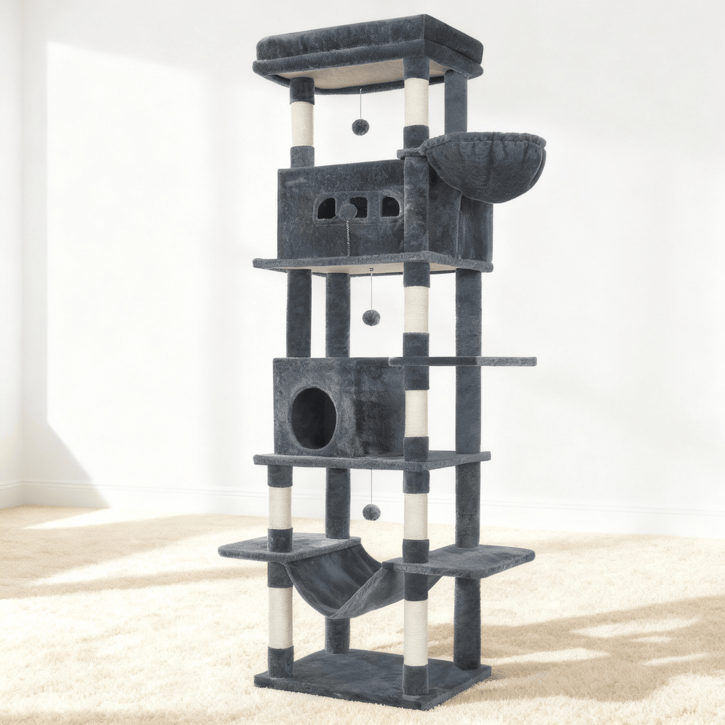 theMiaou Gris anthracite Arbre à Chat “Olympus” – Arbre à Chat XXL avec Hamac, Niche et Panier Suspendu