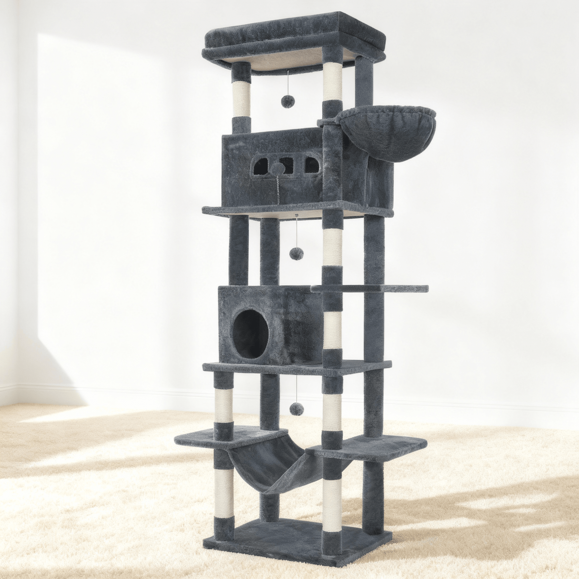 theMiaou Gris anthracite Arbre à Chat “Olympus” – Arbre à Chat XXL avec Hamac, Niche et Panier Suspendu