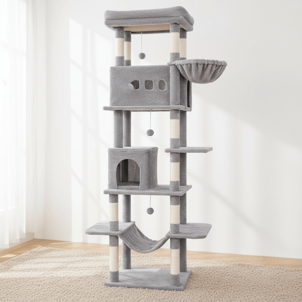 theMiaou Gris clair Arbre à Chat “Olympus” – Arbre à Chat XXL avec Hamac, Niche et Panier Suspendu