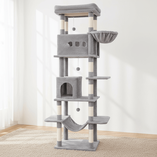 theMiaou Gris clair Arbre à Chat “Olympus” – Arbre à Chat XXL avec Hamac, Niche et Panier Suspendu
