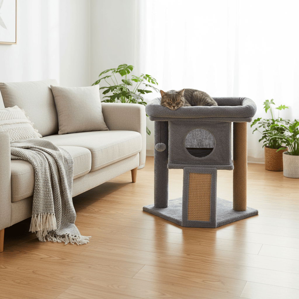theMiaou Gris Arbre à Chat “Cosy Paws” – Petit Arbre à Chat Gris avec Niche Douillette