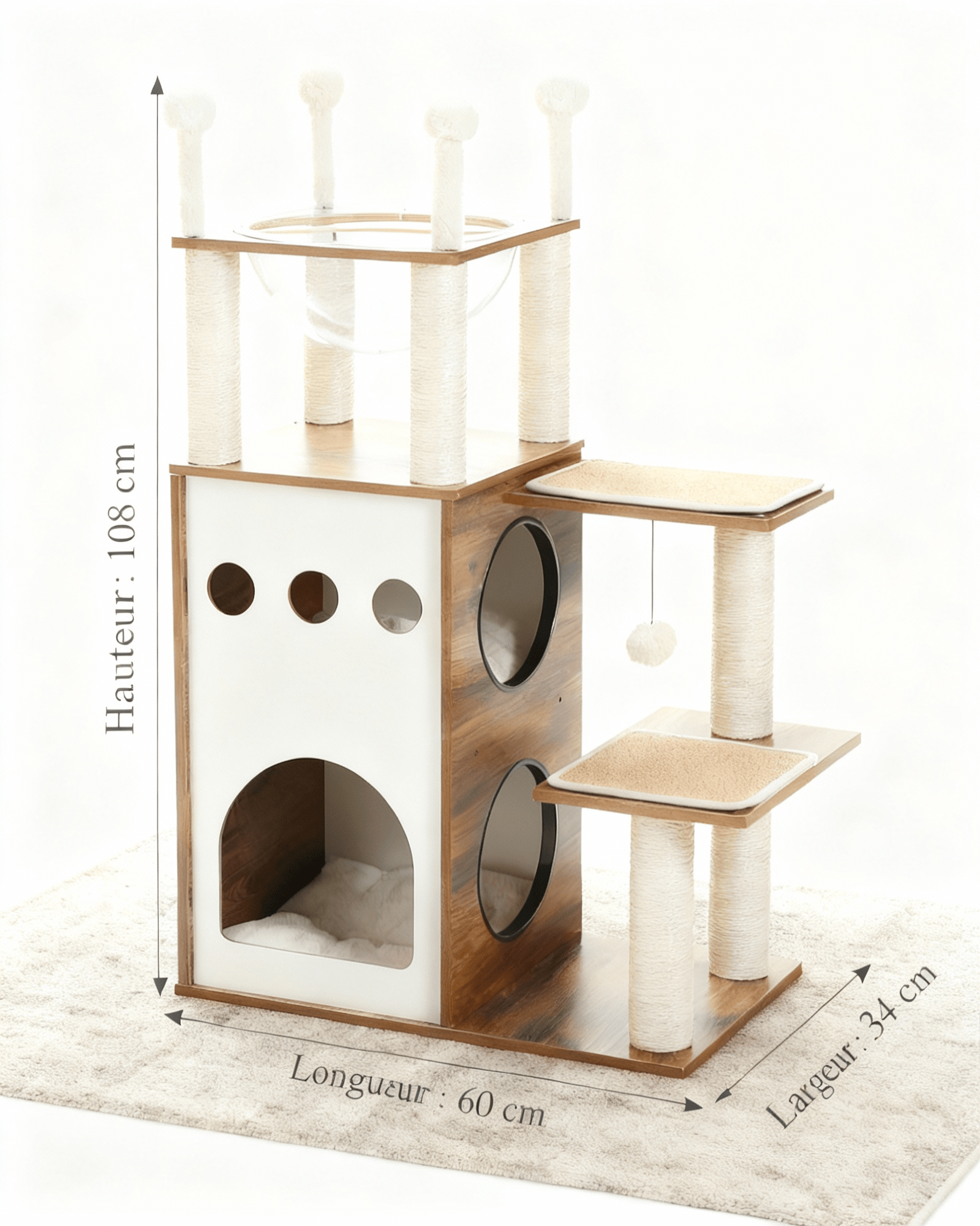theMiaou Arbre à Chat “Kyoto” – Grand Arbre à Chat en Bois avec Niche et Dôme Transparent