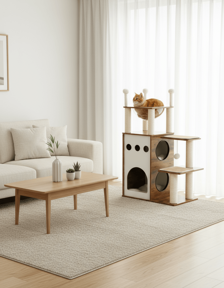 theMiaou Arbre à Chat “Kyoto” – Grand Arbre à Chat en Bois avec Niche et Dôme Transparent