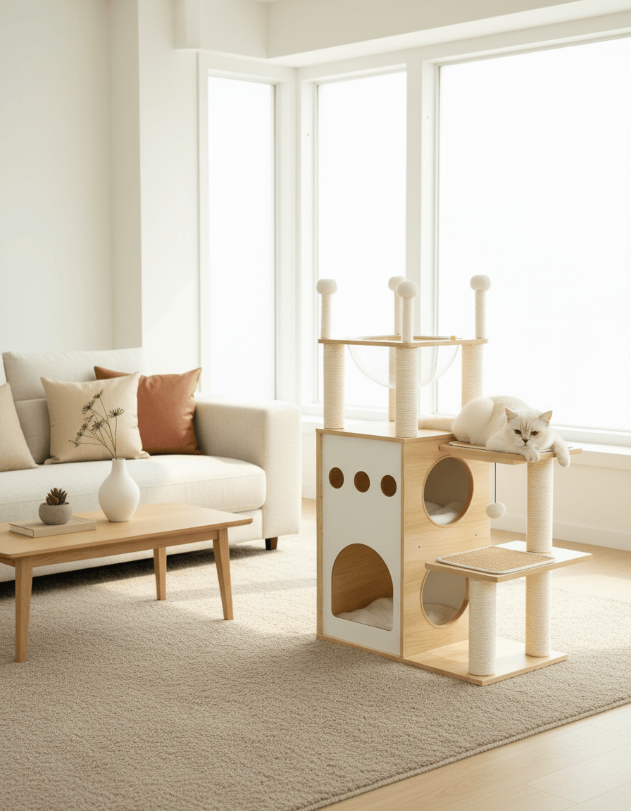 theMiaou Arbre à Chat “Kyoto” – Grand Arbre à Chat en Bois avec Niche et Dôme Transparent
