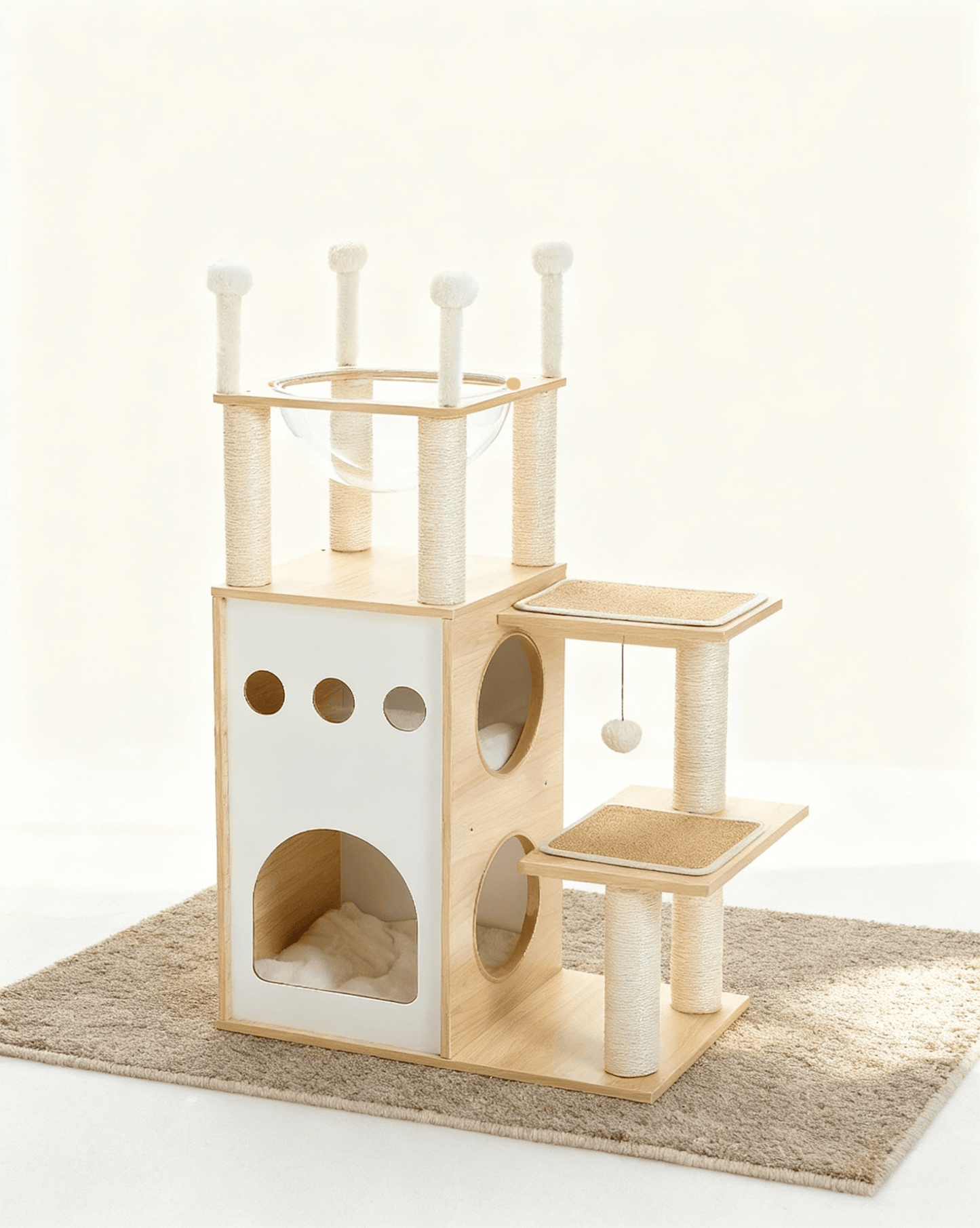 theMiaou Bois clair Arbre à Chat “Kyoto” – Grand Arbre à Chat en Bois avec Niche et Dôme Transparent