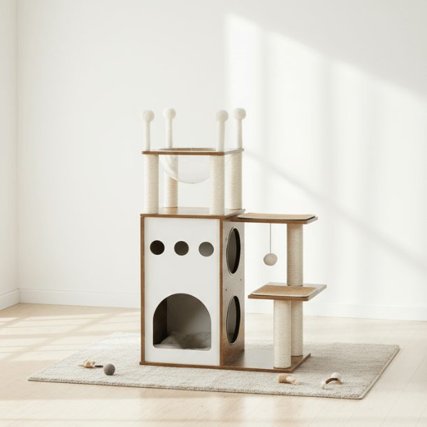 theMiaou Bois foncé Arbre à Chat “Kyoto” – Grand Arbre à Chat en Bois avec Niche et Dôme Transparent