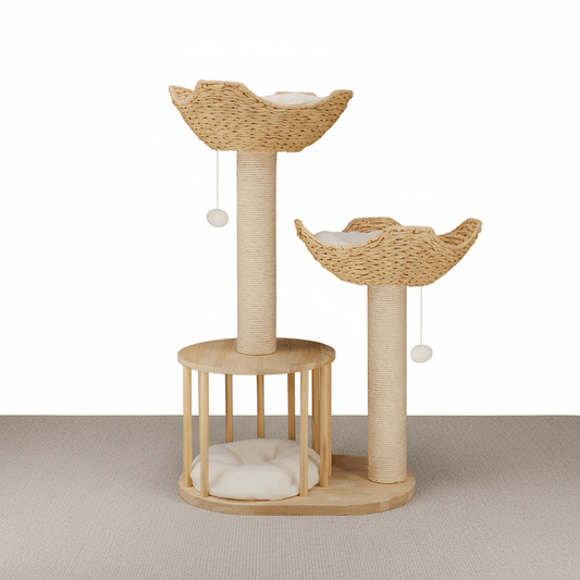 theMiaou Bois Arbre à Chat “Luma” – Petit Arbre à Chat Design en Bois avec Double Panier