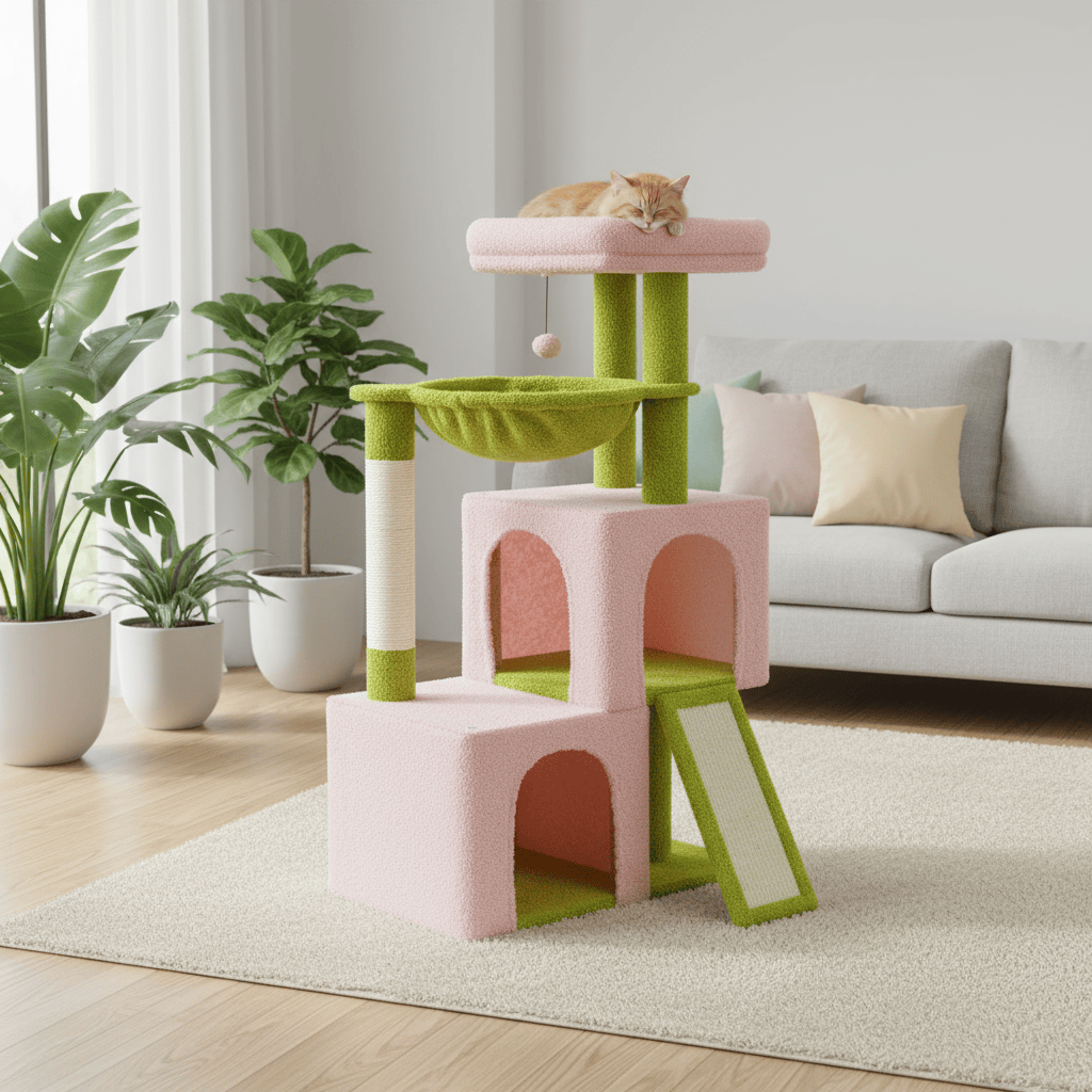 theMiaou Arbre à Chat “Meko” – Petit Arbre à Chat avec Double Niche et Hamac Suspendu