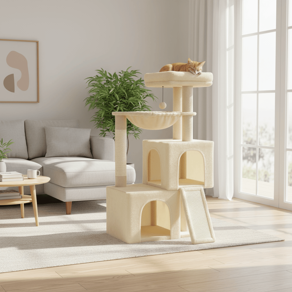 theMiaou Arbre à Chat “Meko” – Petit Arbre à Chat avec Double Niche et Hamac Suspendu