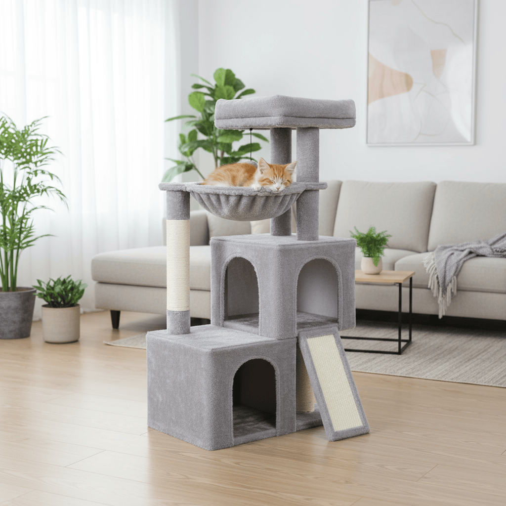 theMiaou Arbre à Chat “Meko” – Petit Arbre à Chat avec Double Niche et Hamac Suspendu