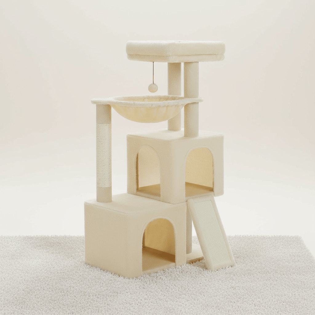 theMiaou Beige Arbre à Chat “Meko” – Petit Arbre à Chat avec Double Niche et Hamac Suspendu