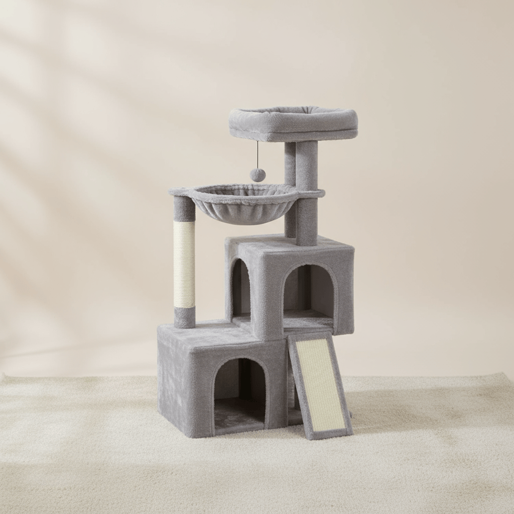 theMiaou Gris Arbre à Chat “Meko” – Petit Arbre à Chat avec Double Niche et Hamac Suspendu