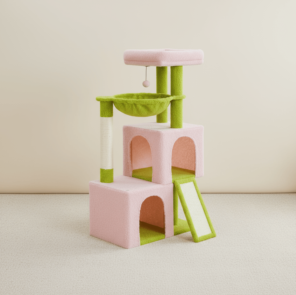 theMiaou Rose/Vert Arbre à Chat “Meko” – Petit Arbre à Chat avec Double Niche et Hamac Suspendu