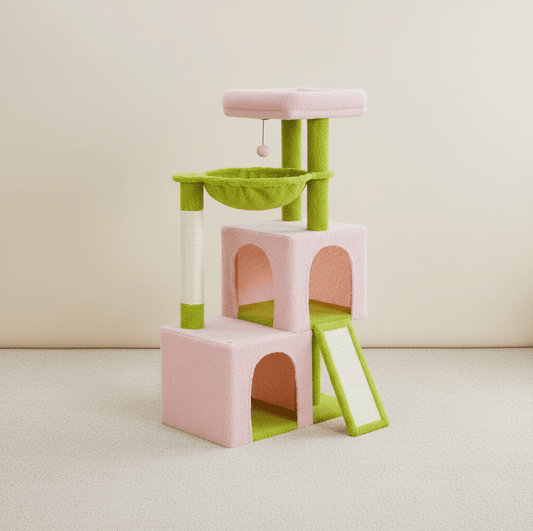 theMiaou Rose/Vert Arbre à Chat “Meko” – Petit Arbre à Chat avec Double Niche et Hamac Suspendu
