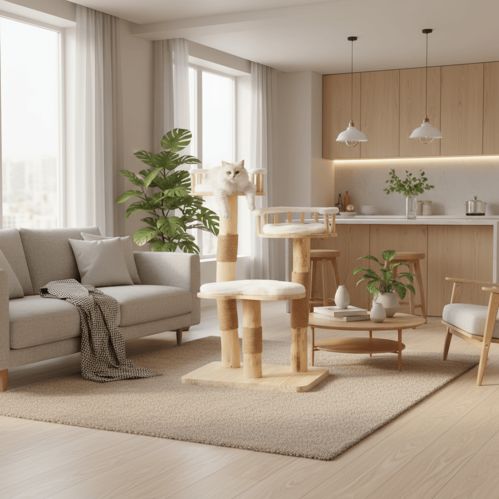 theMiaou Arbre à Chat “Miaunarch” – Petit Arbre à Chat Design en Bois Naturel avec Paniers et Griffoirs
