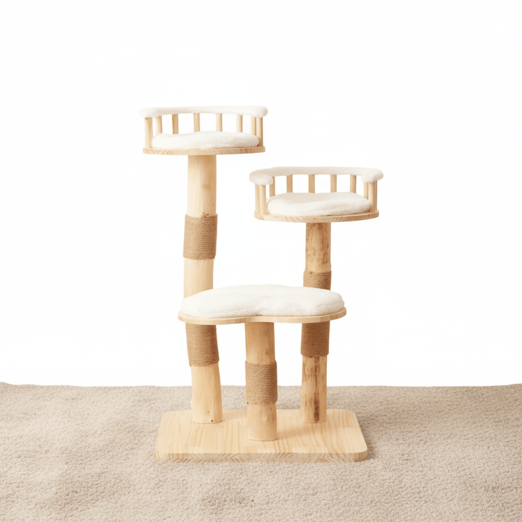 theMiaou Blanc Arbre à Chat “Miaunarch” – Petit Arbre à Chat Design en Bois Naturel avec Paniers et Griffoirs