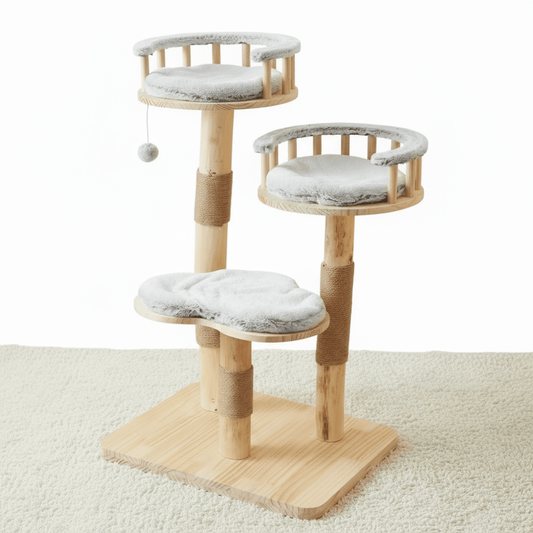 theMiaou Gris Arbre à Chat “Miaunarch” – Petit Arbre à Chat Design en Bois Naturel avec Paniers et Griffoirs