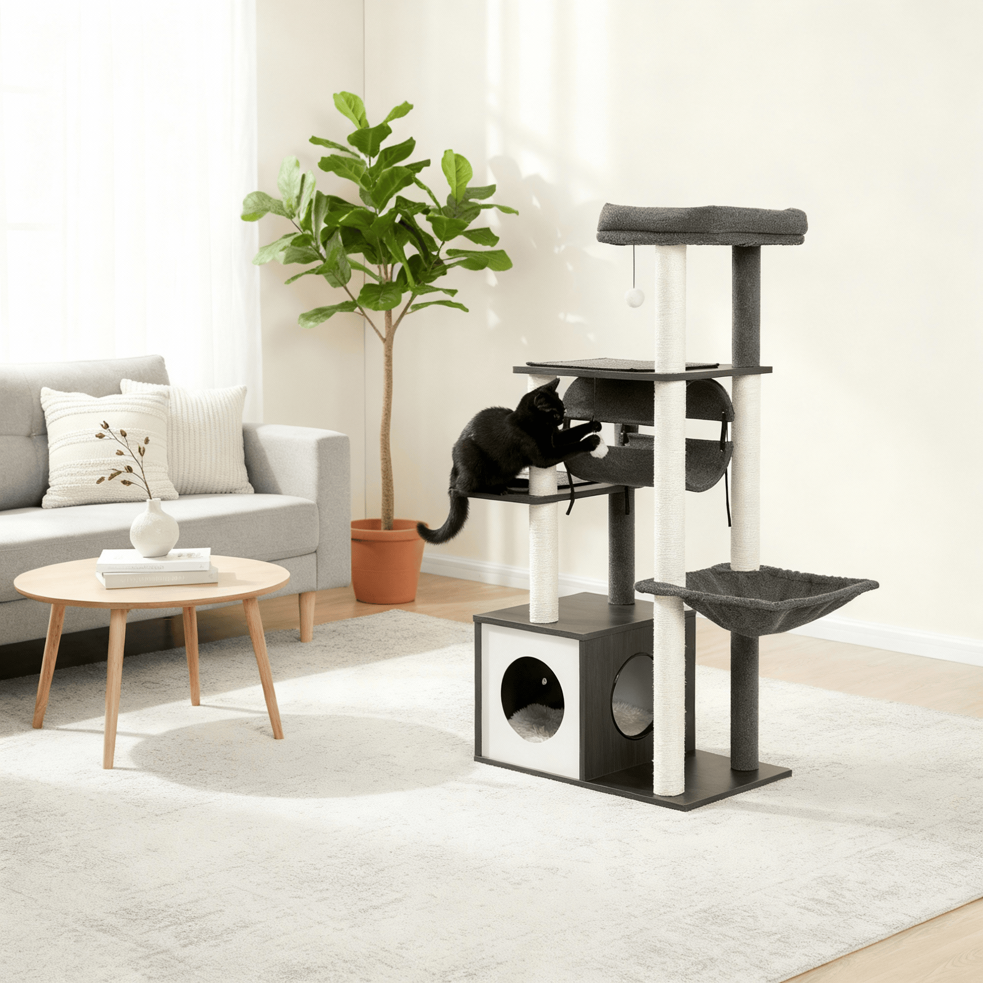 theMiaou Noir Arbre à Chat “Néo” – Grand Arbre à Chat Design en Bois avec Niche et Panier Suspendu